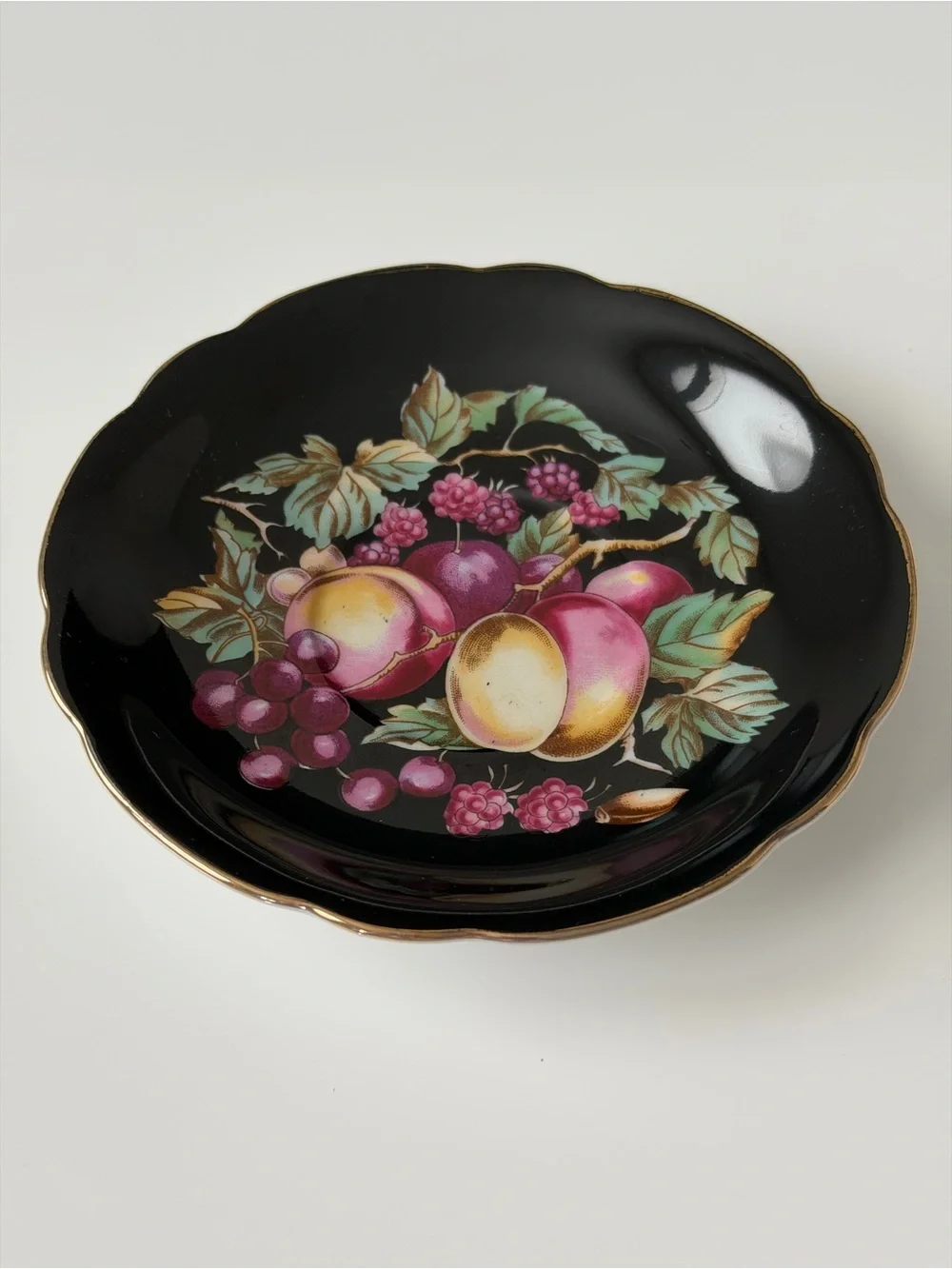 Japan Royal Sealy Vintage Porcelain Black & Gold Fruit Motif Teacup & Saucer Set